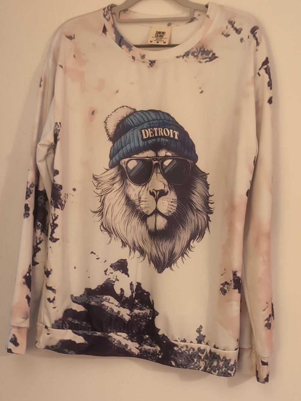Comfort Colors Cream Light Pink Blue Tie-Dye Accents Detroit Lions Sweatshirt